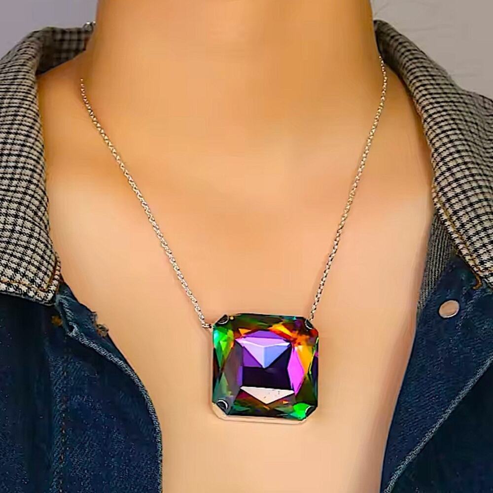 Exaggerated Mystic Fire Silver Crystal Stone Necklace Boho Statement